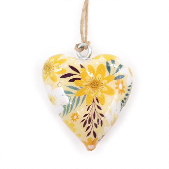 YELLOW FLORAL - Small Mango Wood Heart